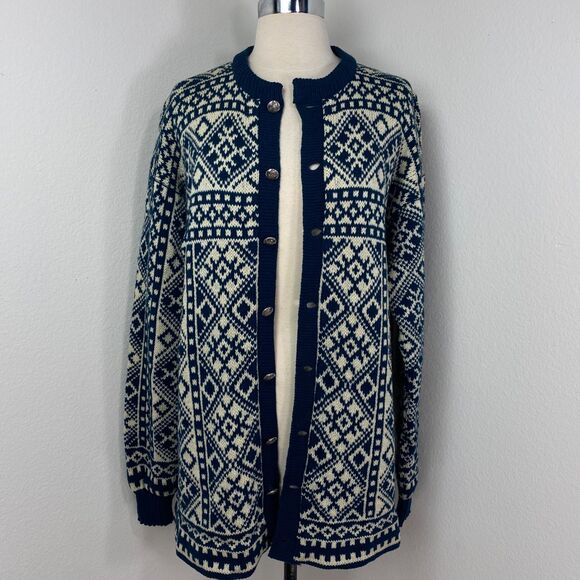 Norwegian Winter Wool Cardigan Sweater XL 52 Blue White Metal Buttons Fair Isle - Picture 10 of 12